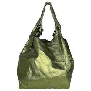 Anita Bilardi Hobo Shoulder Bag Green Leather Metallic Minimalist Tote